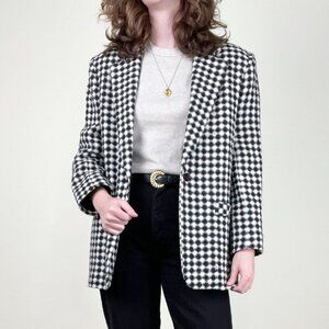 Vintage Wool Knit Blazer Check Plaid Oversized Relaxed Fit Preppy Jacket Coat